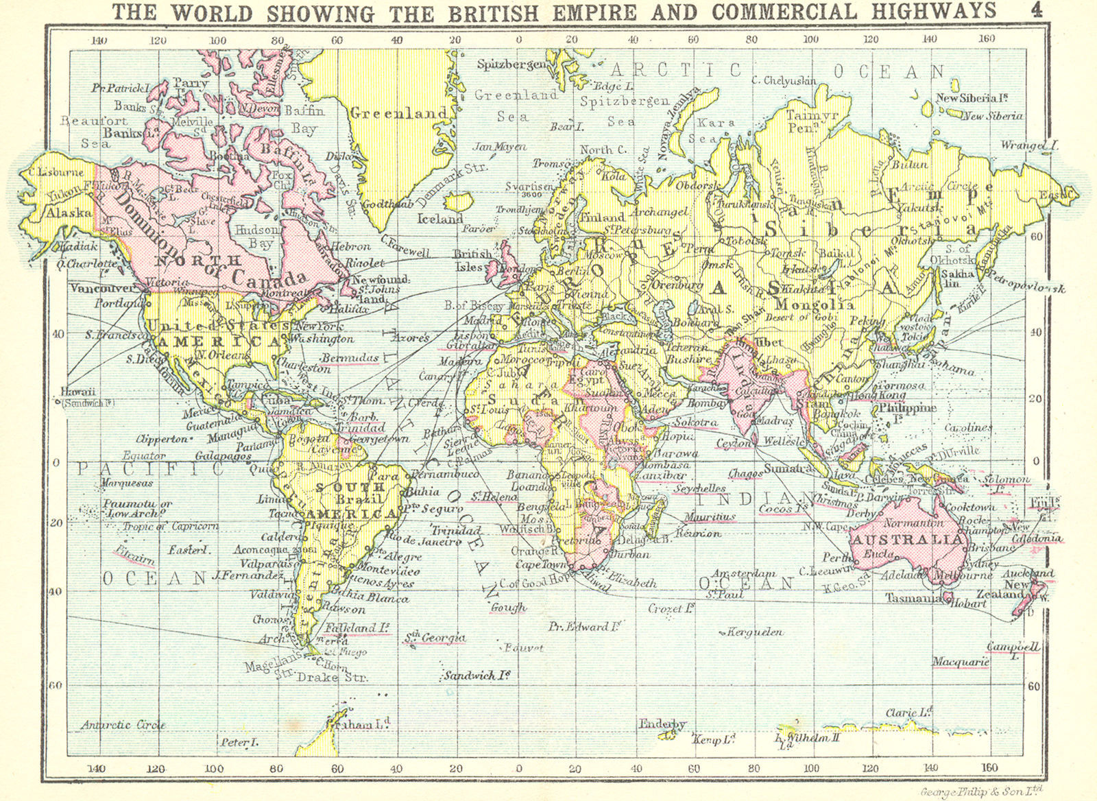 WORLD. British Empire & Commercial Highways; Small map 1912 old antique